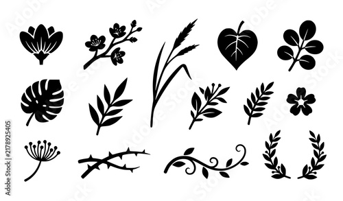 Minimal Black Flower and Foliage Silhouette Icons Set for Branding and Design