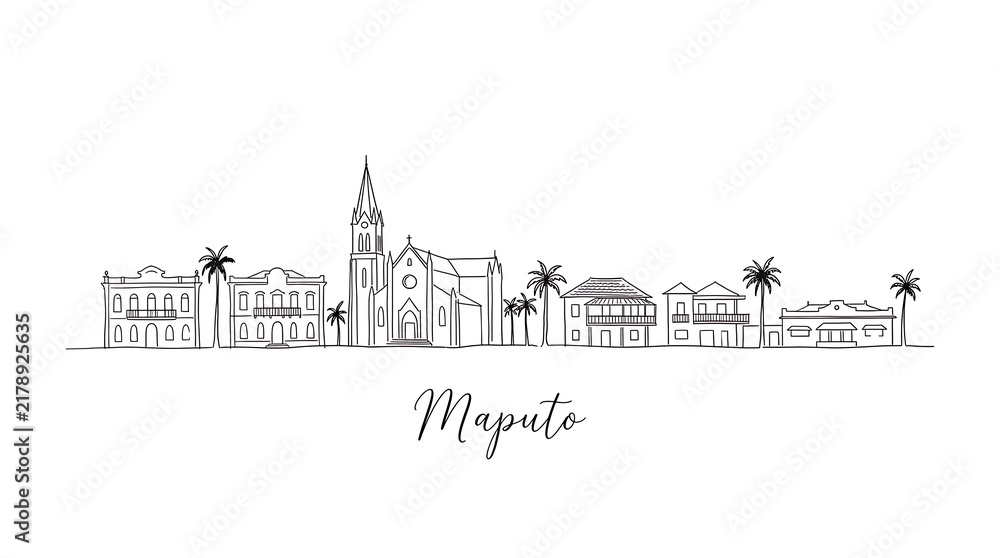 Obraz premium Minimalistic Line Drawing of Maputo City Skyline Featuring Historic and Modern Structures with Palm Trees