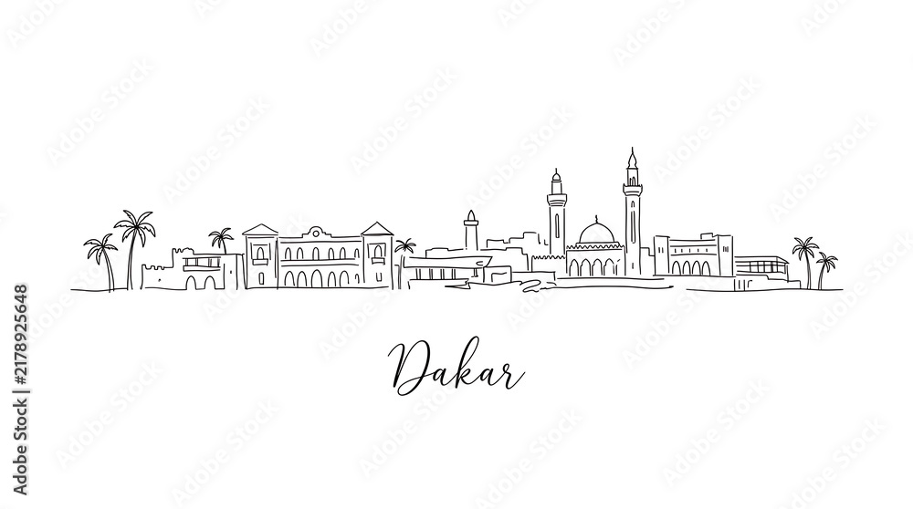 Obraz premium Minimalist Line Art Illustration of Dakar City Skyline Featuring Iconic Architectural Structures and Palm Trees