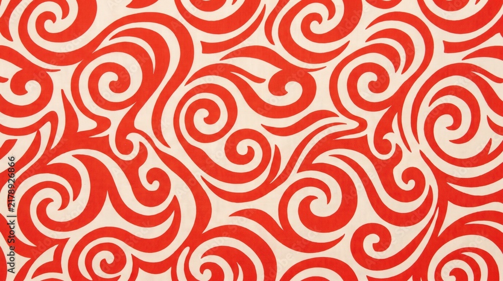 Red swirl pattern on ivory fabric creates a repeating decorative design