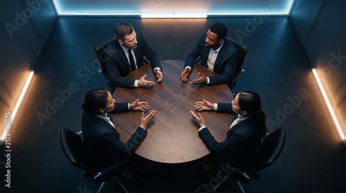High Angle View of Diverse Business Executives Having Serious Discussion Around Round Table in Modern Dark Office Boardroom