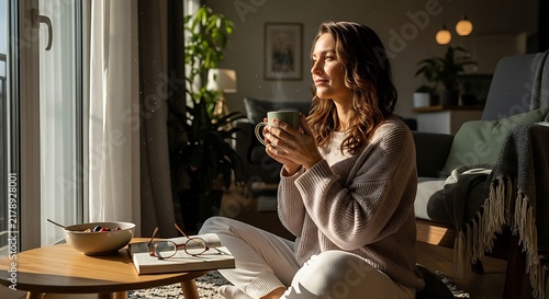 Woman enjoying a peaceful morning moment in her cozy living room with a cup of coffee