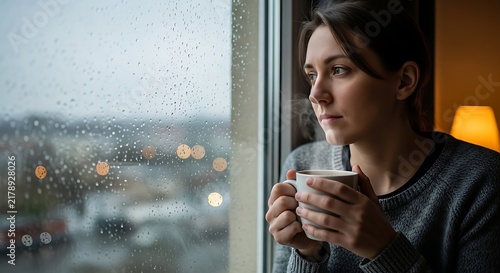 Woman lost in thought on a rainy day staring out of the window with a cup