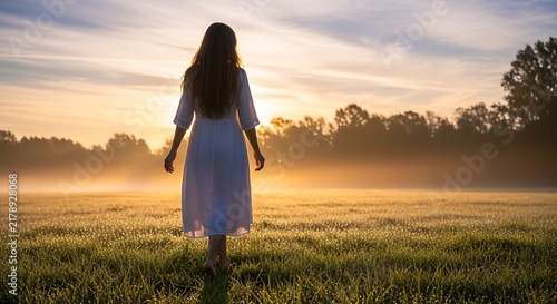 Woman enjoying peaceful morning in the green field with beautiful sunrise