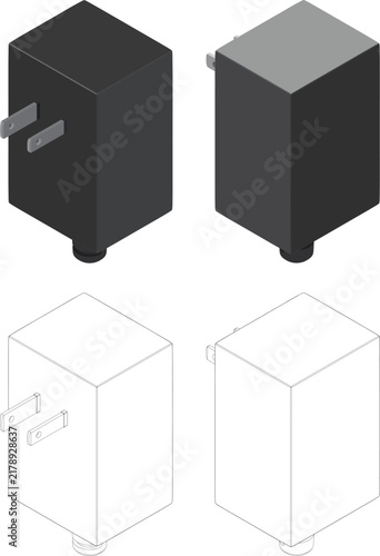 Isometric Power Adapter Vector Set with Color and Line Art on Transparent Background