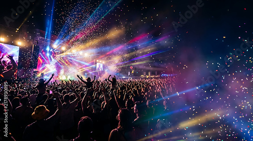 Energetic concert crowd under vibrant stage lights.