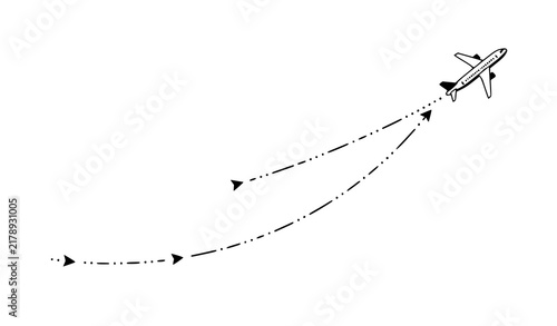 Foto Airplane flight route trajectory with curved dashed travel path vector illustrat
