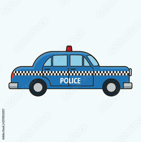 Blue police car vector illustration in flat vintage style isolated on white background
