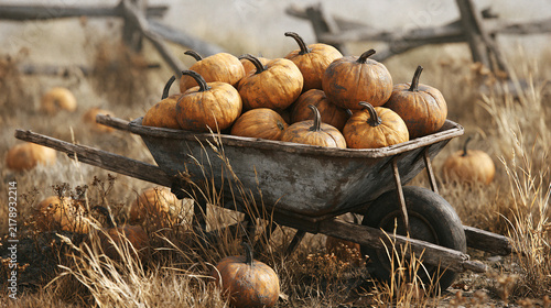 Weathered wheelbarrow filled with autumn pumpkins in a rustic farm field at harvest time.