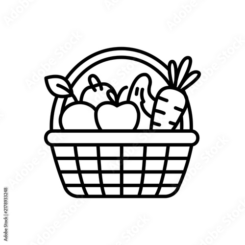 A clean minimalist outline icon showing a basket overflowing with fresh produce like carrots and apples. Symbolizes organic farming, sustainable agriculture, local produce, and healthy eating.
