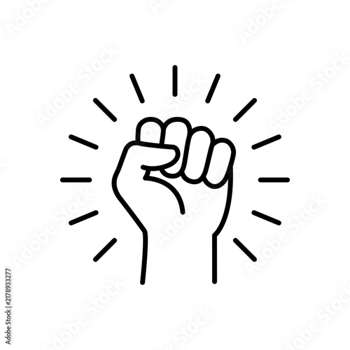 A powerful line art icon showing a raised fist surrounded by shining light rays. Denotes environmental activism, personal empowerment, motivation, driving change, and resilience.
