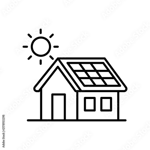 A minimalist line icon of a modern house equipped with rooftop solar panels facing a bright sun. Illustrates renewable energy, solar power, green home design, energy efficiency, and eco architecture.