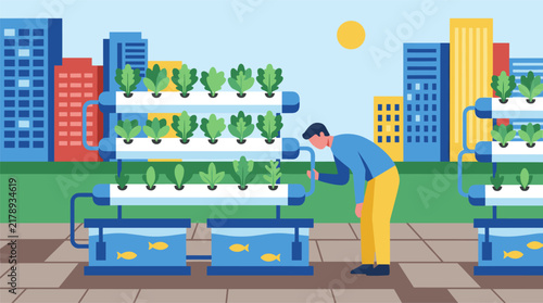 Photography Man tending to urban hydroponic garden with leafy greens and fish tanks, city bu