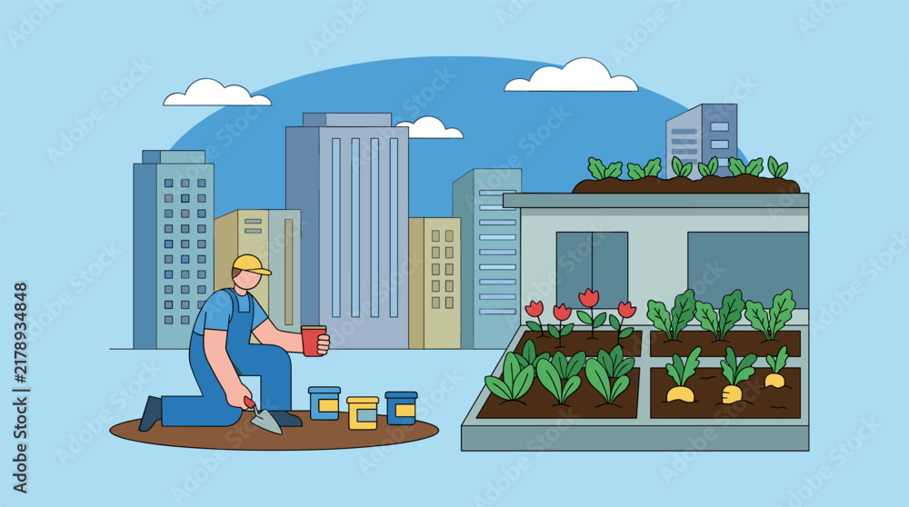Obraz premium Urban gardener tending rooftop plants with city buildings in background, flat design vector illustration