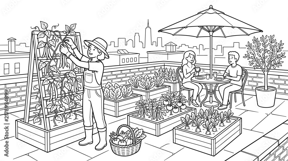 Obraz premium Urban rooftop garden with people tending plants and relaxing at a table, city skyline background, line art illustration
