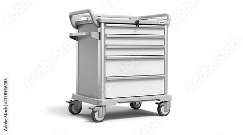 A modern metallic medical trolley with multiple drawers stands on a white background.