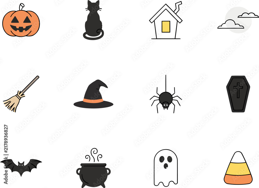 Naklejka premium Set of cute and spooky Halloween icons featuring pumpkins cats and traditional holiday festive elements