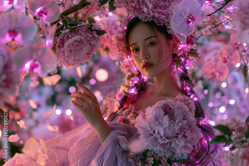 Fototapeta Female portrait with floral crown and colorful artistic design elements creating a vibrant fashion illustration style composition.