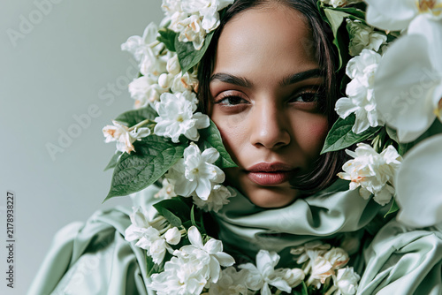 Fototapeta Female portrait with floral crown and colorful artistic design elements creating a vibrant fashion illustration style composition.
