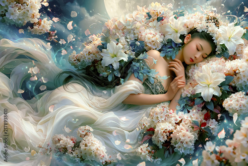 Fototapeta Female portrait with floral crown and colorful artistic design elements creating a vibrant fashion illustration style composition.