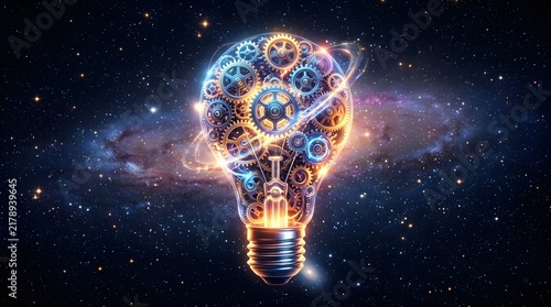 Innovative Brainstorming and Creativity Boost with Lightbulb Gears in Space