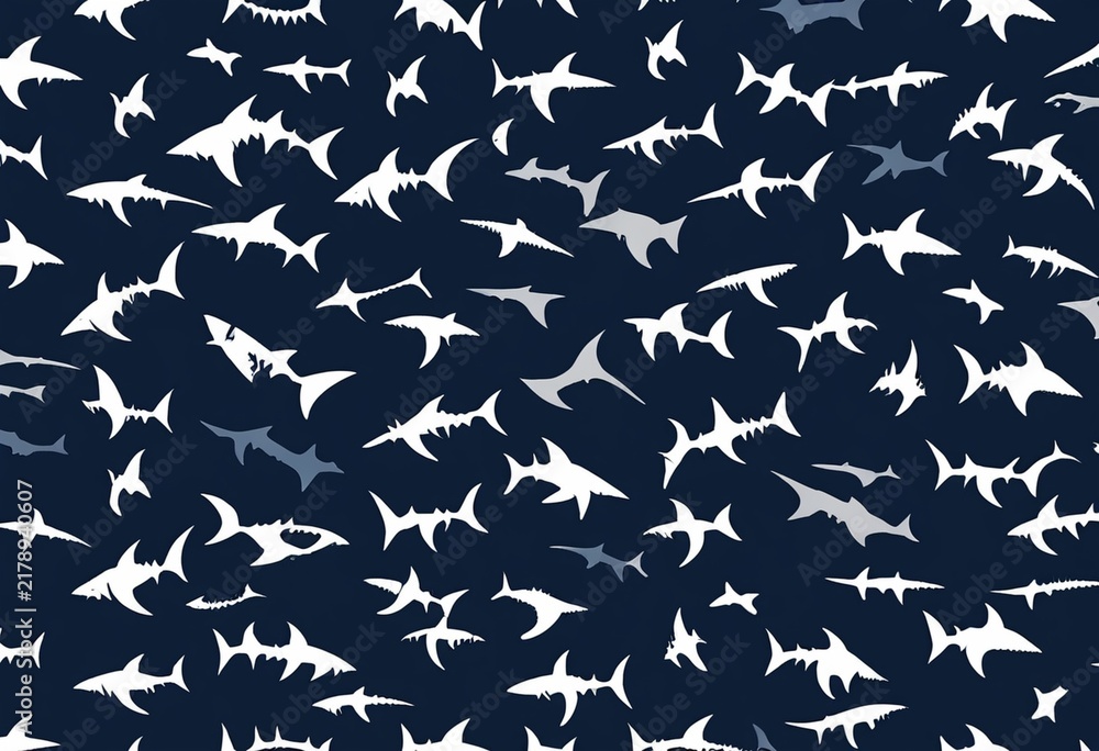 Seamless pattern of white silhouettes of various fish swimming in dark blue water