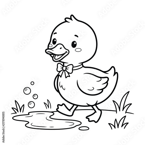 Bild auf Leinwand Cute little duckling wearing bow tie walking near water puddle coloring page, ch