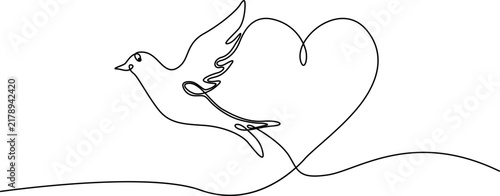 A minimalist continuous single line art illustration featuring a bird in flight next to a heart shape, symbolizing love, peace, and freedom.
