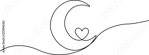 A minimalist and artistic continuous single line drawing featuring a crescent moon with a small heart symbol, representing love, dreams, and romance.