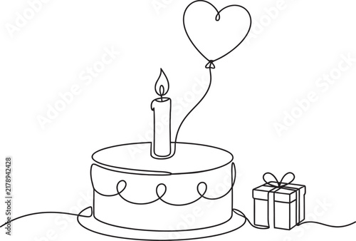 A minimalist continuous single line drawing illustration of a celebration birthday cake featuring a lit candle a heart shaped balloon and a gift box.