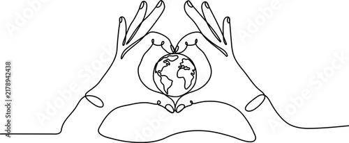 A minimalist continuous single line drawing showing two hands forming a heart shape while cradling a small planet earth, symbolizing love, care, and global unity.