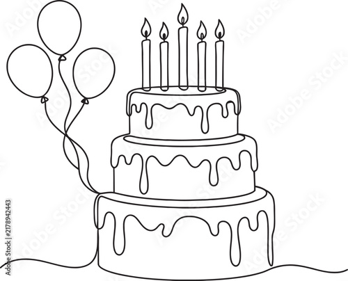 A simple continuous line art illustration of a tiered birthday cake topped with burning candles and a group of balloons, perfect for party invitations or greeting cards.