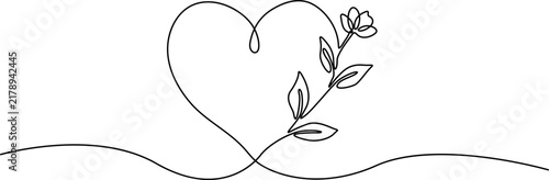 A minimalist and elegant continuous single line art illustration featuring a heart shape combined with a blooming flower and leaves, perfect for romantic designs.