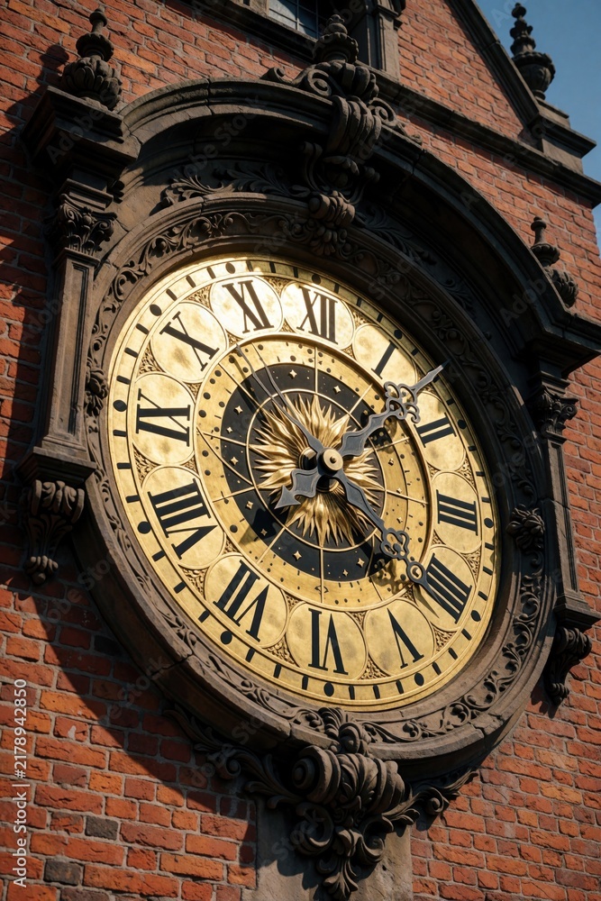 Fototapeta premium Ornate large clock face on brick building wall. Detailed antique mechanism with Roman numerals and golden sunburst pattern. Architectural detail marks time.