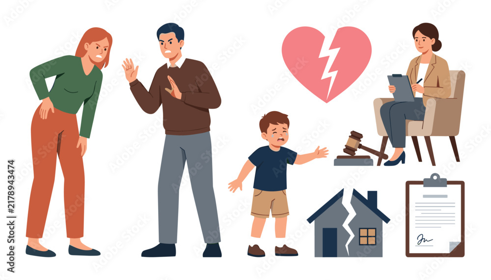 Obraz premium Family Conflict and Divorce Vector Set with Arguing Parents Crying Child Broken Heart House Judge Gavel and Legal Document Symbols