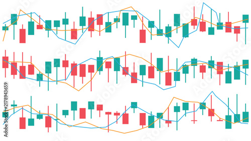 vector illustration horizontal rows of financial market data charts. The classic candlestick graphs utilizing teal and red bars with wicks to represent bullish and bearish price movements