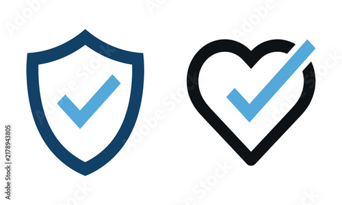 Shield and heart icons with checkmarks are presented as flat vector graphics with a white background check checkmark validation security
