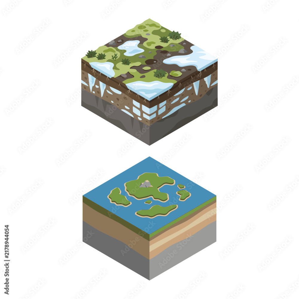 Obraz premium Isometric Cross Section Terrain Blocks Featuring Winter Tundra and Tropical Ocean Island Environments