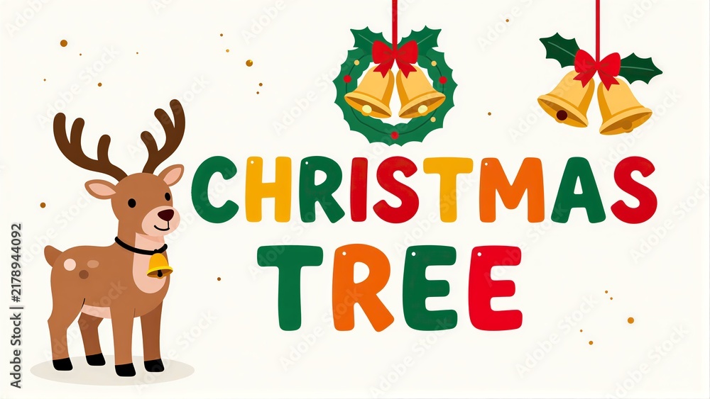 Fototapeta premium Cute reindeer with bell, festive Christmas tree text and holiday decorations.
