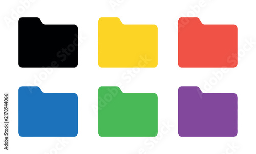 Six colorful folder icons are arranged on a white background representing organization and data management folders directory files documents archives