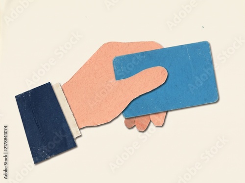 Paper Cutout Illustration of a Hand Holding a Blank Blue Business Card