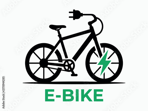A black silhouette of an electric bicycle with a lightning bolt within the wheel is displayed ebike vehicle transportation graphic