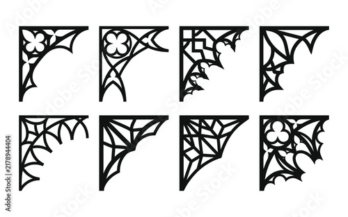 A curated collection of elaborate black corner designs drawing inspiration from the detailed aesthetics of gothic and victorian architectural styles for embellishment