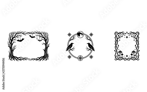 A collection of three detailed black and white frames displaying gothic natural imagery including branches ravens mushrooms and various celestial star and moon designs