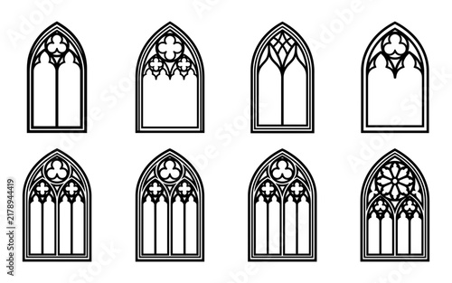 A diverse collection of black and white gothic window frame vector illustrations perfect for architectural designs and ornate decorative elements in various projects