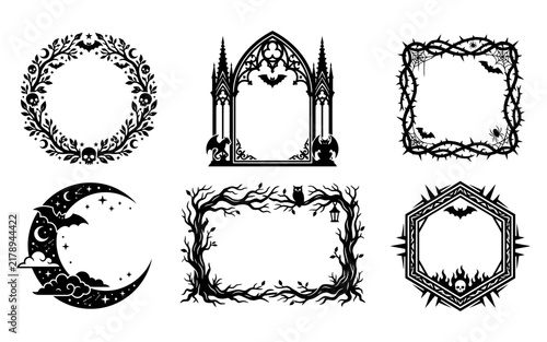 A spooky halloween collection of frames and borders with bats skulls crescent moons and gothic design elements shown in black silhouettes