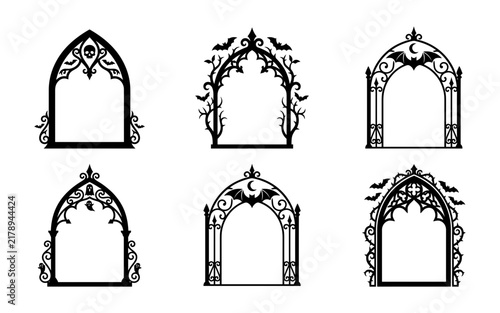 A set of six detailed gothic archways featuring halloween and mystical designs presented as a monochrome vector illustration for various creative projects