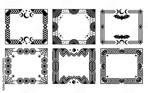 A set of six elegant black and white frames featuring celestial motifs and gothic inspired decorative elements perfect for various design applications