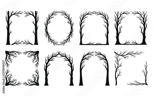 A diverse collection of elegant black tree branch frames in assorted shapes ideal for borders invitations and various decorative design projects