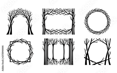 A set of six monochrome tree branch frames displayed in different geometric forms against a simple clean white backdrop for design projects